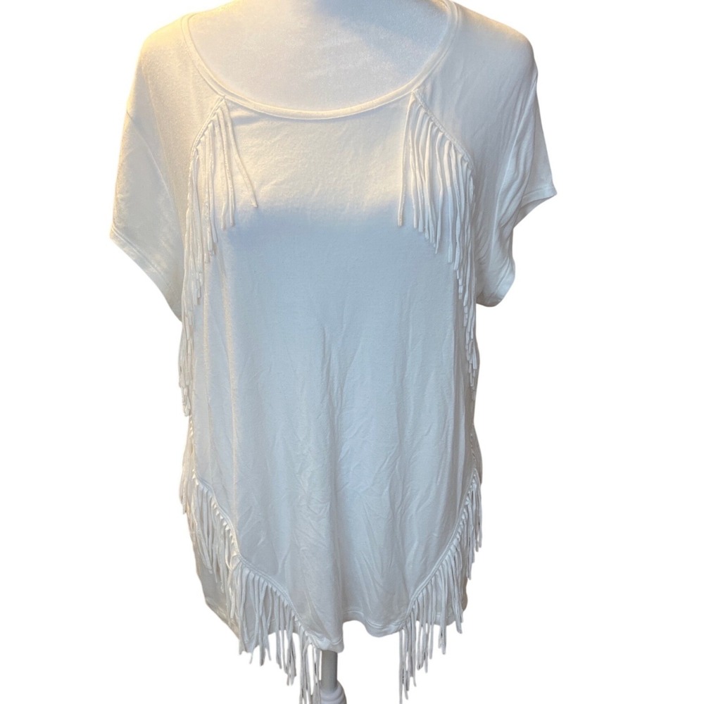Zenergy by Chicos White Fringe Short Sleeve Scoop Neck Top Size 2 Large